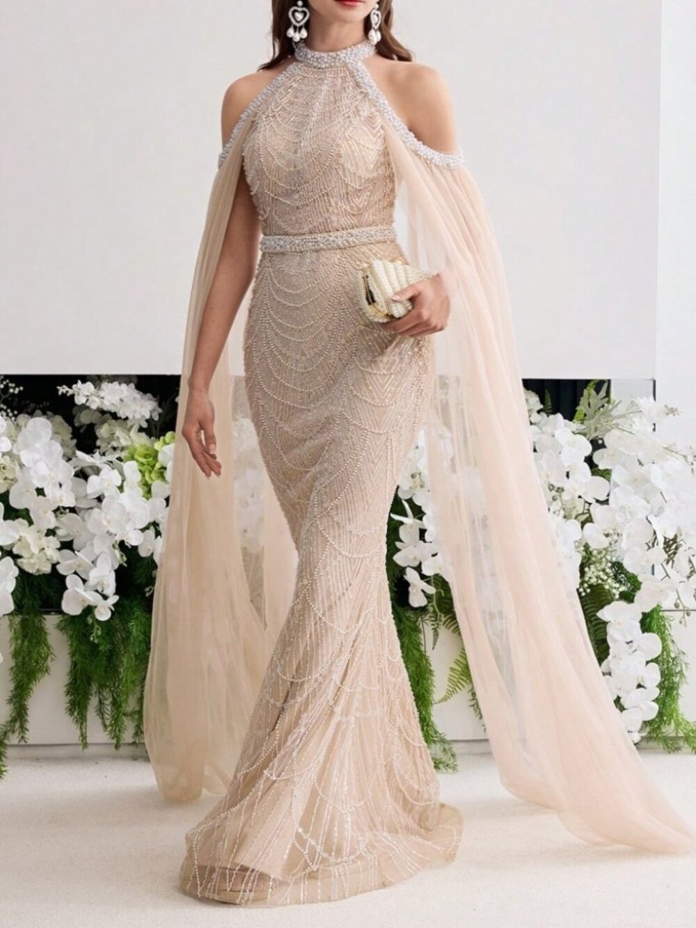Cream Beaded Halter Gown with Cape Sleeves Mermaid Maxi